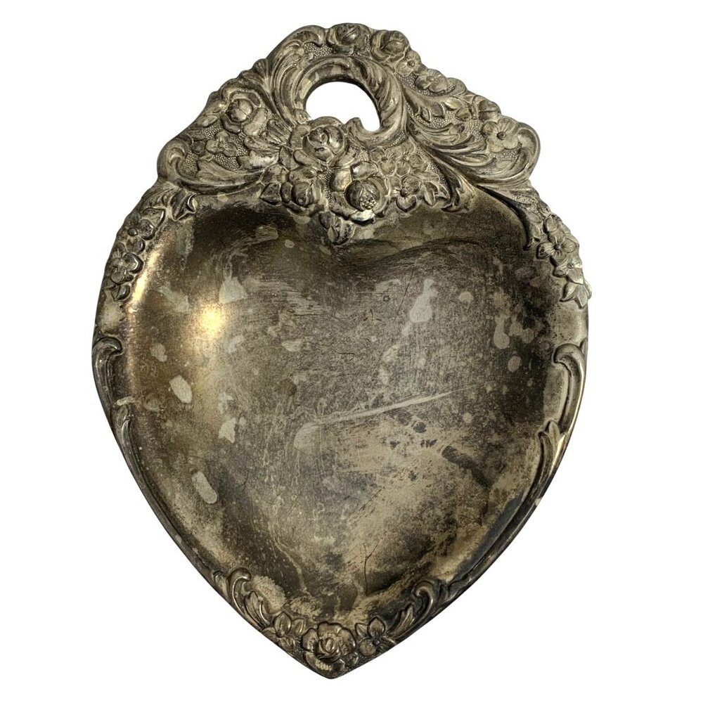 Ornate Heart-Shaped Silver-Tone Floral Trim Metal Trinket Dish Wall Decor VTG